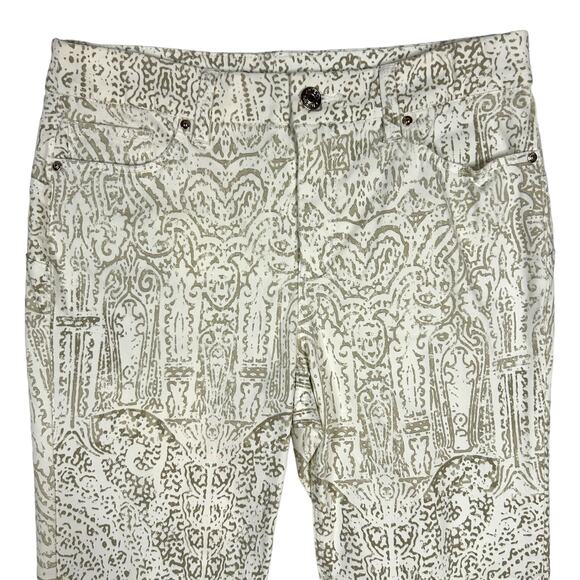 Chicos Size 00 US 2 XS So Lifting Ikat Crop Jeans White Tan Print Pants Preppy - Picture 2 of 10